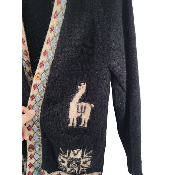 Vintage Alpaca Wool Cardigan Sweater With Llama Design & Patterned Trim - Picture 2 of 5